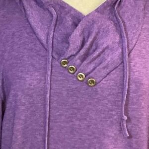 Crossover Cowl Neck Button Detail Hoodie Heather Purple Sharkbite Hem Top